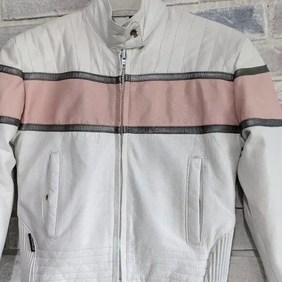 Leather jacket Jamin white with pink and silver stripe removable lining XS - Picture 3 of 12